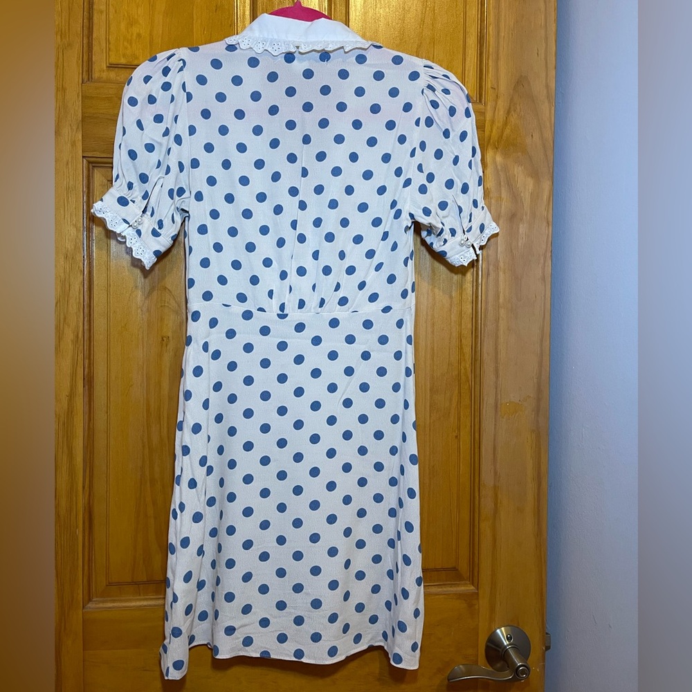 Urban Outfitters, Kimchi Blue, Cream and Blue Polka Dot Mini Dress - Picture 6 of 7